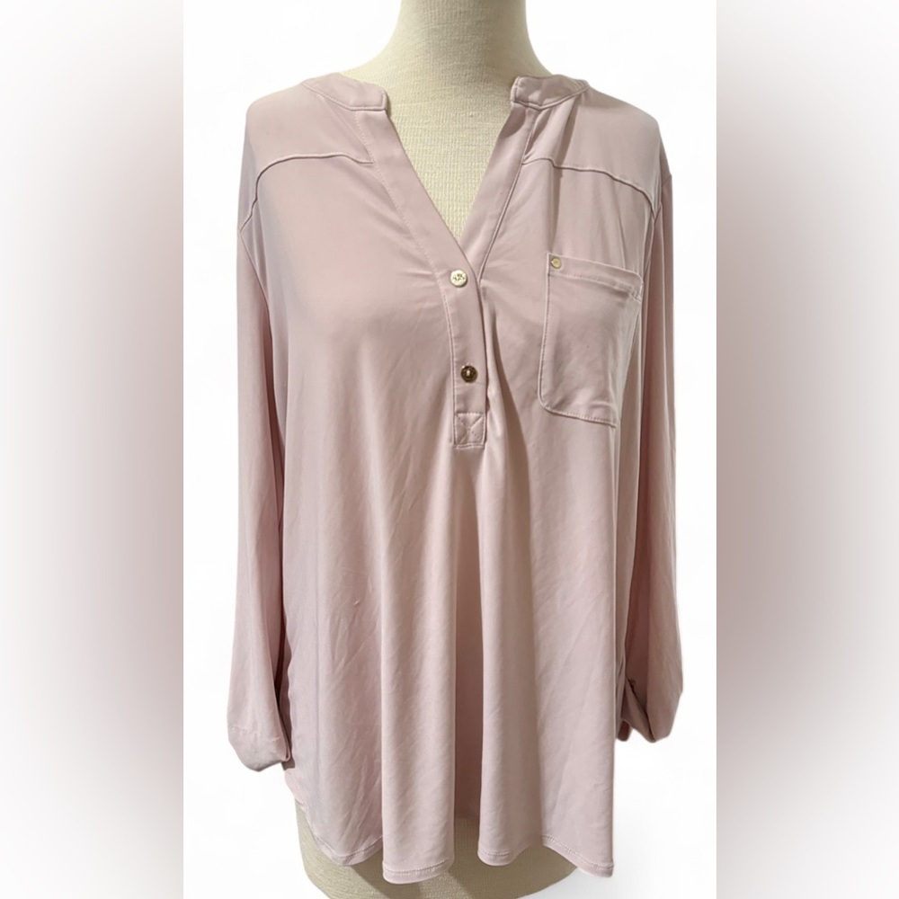 Anne Klein Light Pink Gold Button Blouse Women's XL Long Sleeve Top
